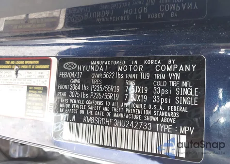 2017 Hyundai Santa Fe Se Ultimate из США, поврежденный, VIN KM8SRDHF3HU242733